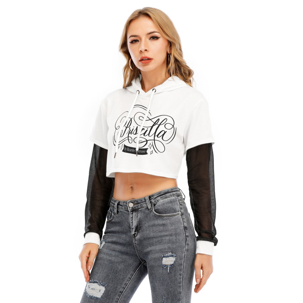 Priscilla - All-Over Print Women's Fake Two-piece Mesh Sleeve Cropped Hoodie