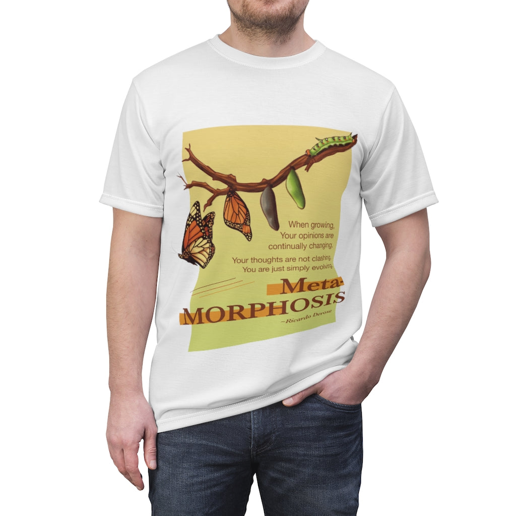 Man wearing White Metamorphosis T-shirt